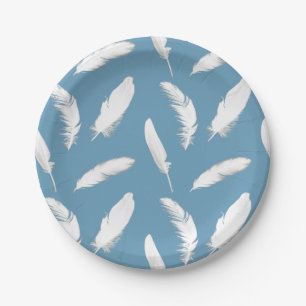 White feather print on light denim blue paper plate