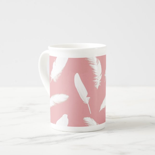 White feather print on shell pink bone china mug (Front Left)