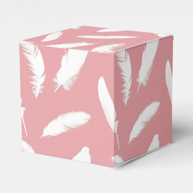 White feather print on shell pink favour box (Front Side)