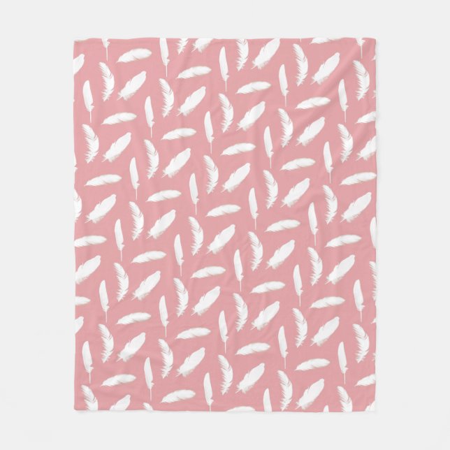 White Feather Print on Shell Pink Fleece Blanket (Front)