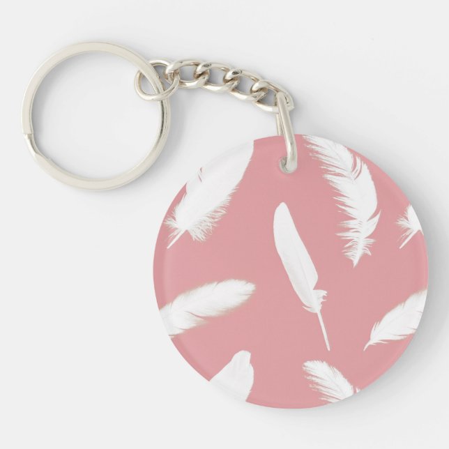 White feather print on shell pink key ring (Front)