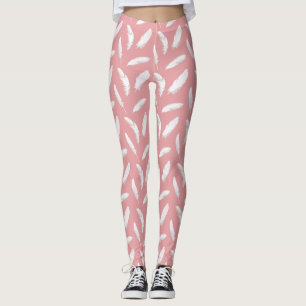 White Feather Print on Shell Pink Leggings