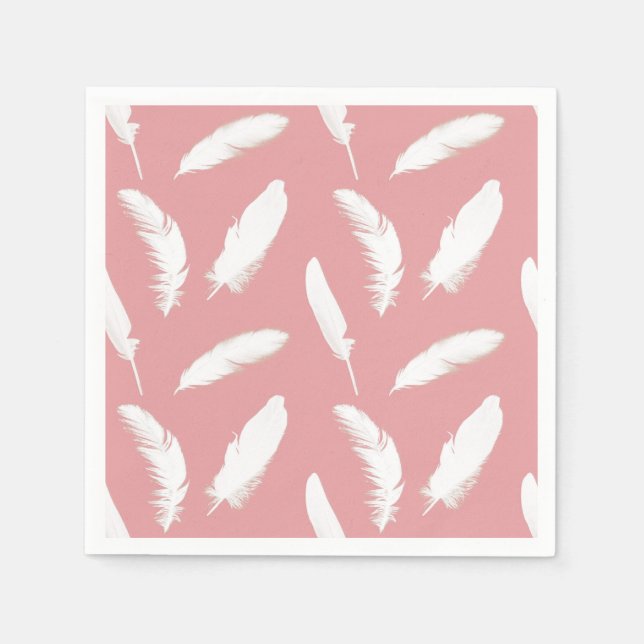 White feather print on shell pink napkin (Front)