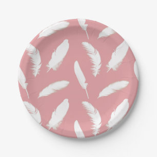 White feather print on shell pink paper plate
