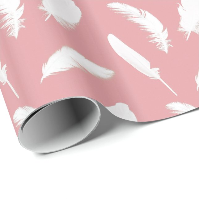 White feather print on shell pink wrapping paper (Roll Corner)