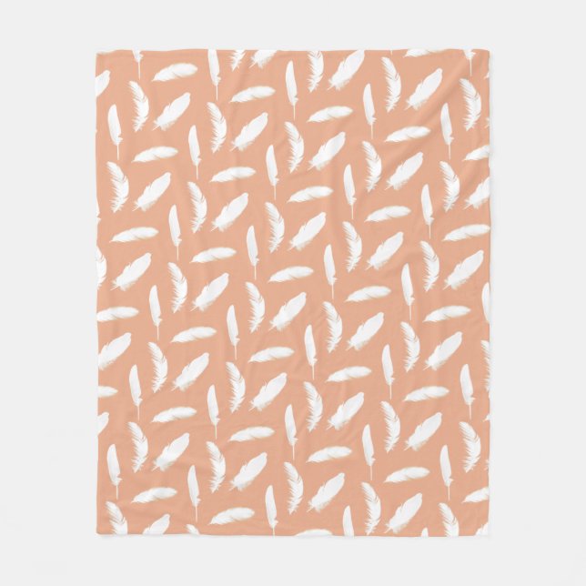 White Feather Print on Soft Peach Fleece Blanket (Front)