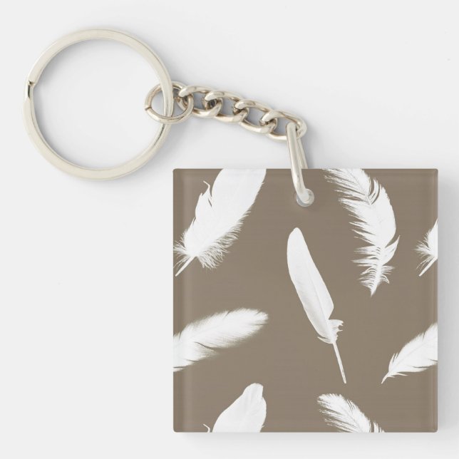 White feather print on taupe key ring (Front)