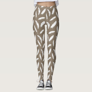 White Feather Print on taupe tan Leggings