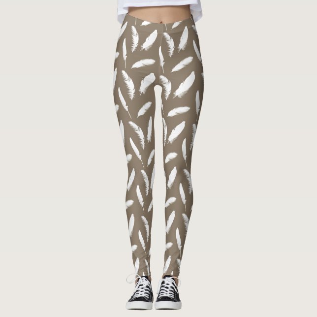 White Feather Print on taupe tan Leggings (Front)