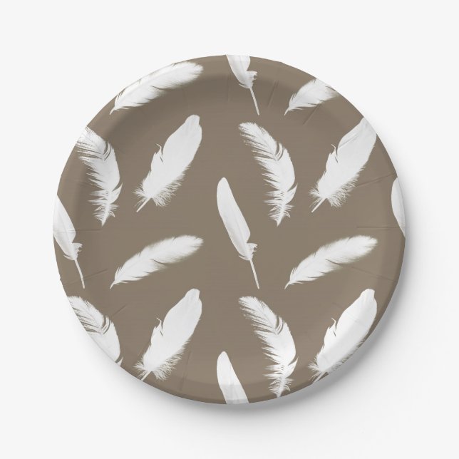 White feather print on taupe tan paper plate (Front)