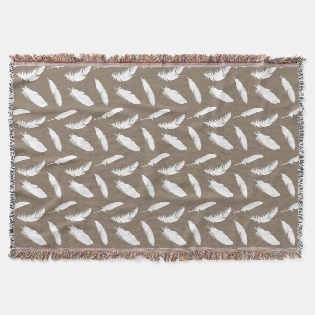 White feather print on taupe throw blanket (Front)
