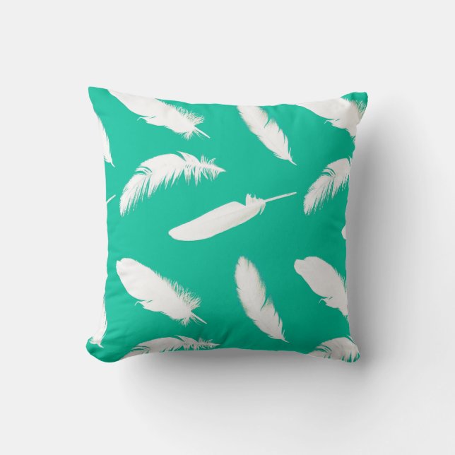 White feather print on turquoise cushion (Front)