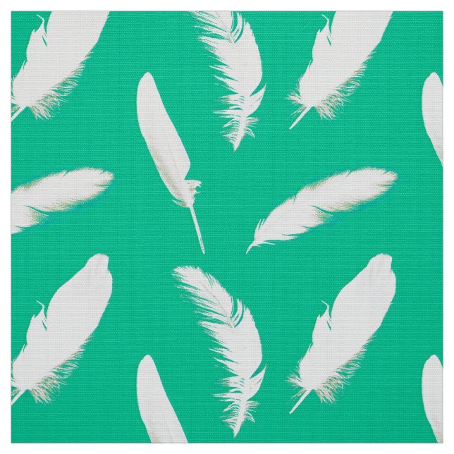 White feather print on turquoise fabric (Swatch)