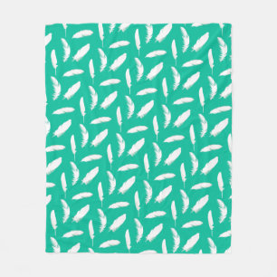 White Feather Print on Turquoise Fleece Blanket