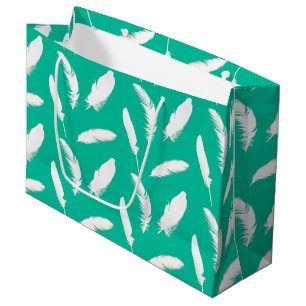 White feather print on turquoise large gift bag