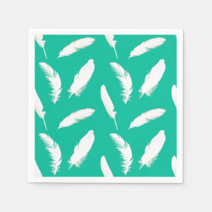 White feather print on turquoise / peacock napkin