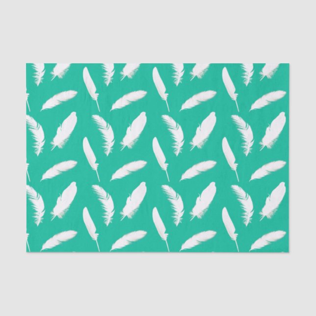 White feather print on turquoise tissue paper (Front)