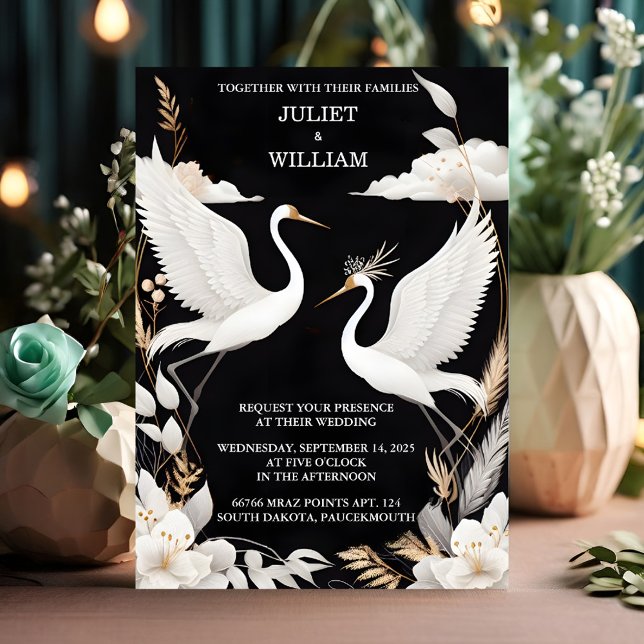 White Feather Rustic Asian Sky Cloud Crane Wedding Invitation (Creator Uploaded)