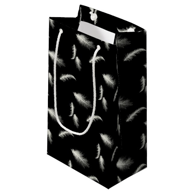White Feathers On Black Small Gift Bag (Front Angled)