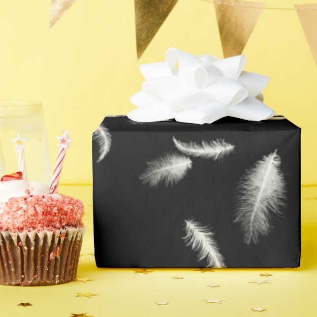 White Feathers On Black  Wrapping Paper (Birthday Party)