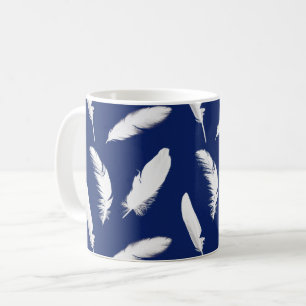 White Feathers on Dark Navy Blue Coffee Mug