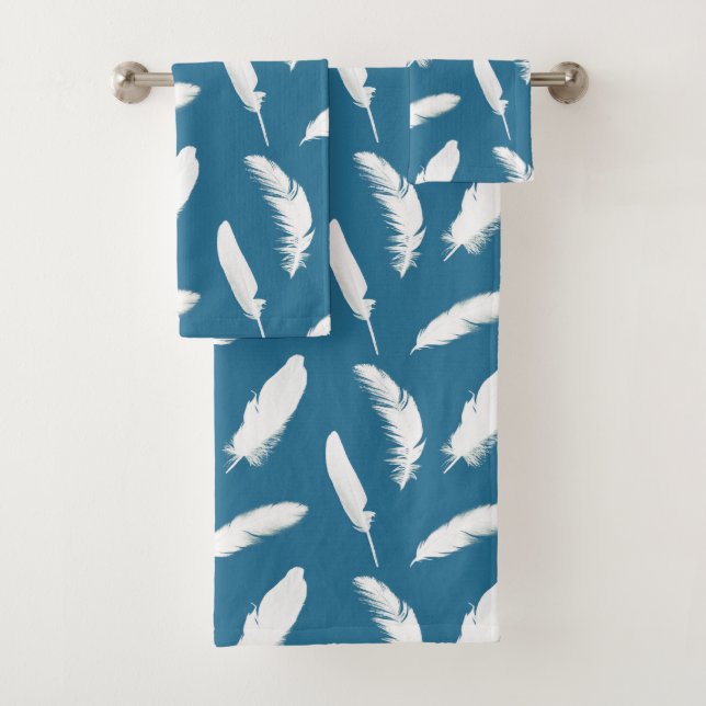 White Feathers on Denim Blue Bath Towel Set (Insitu)