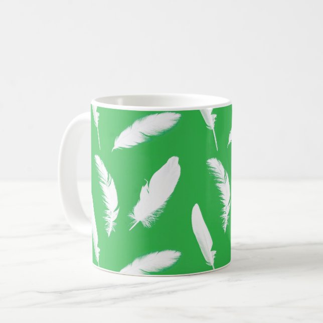White Feathers on Light Jade Green Coffee Mug (Front Left)