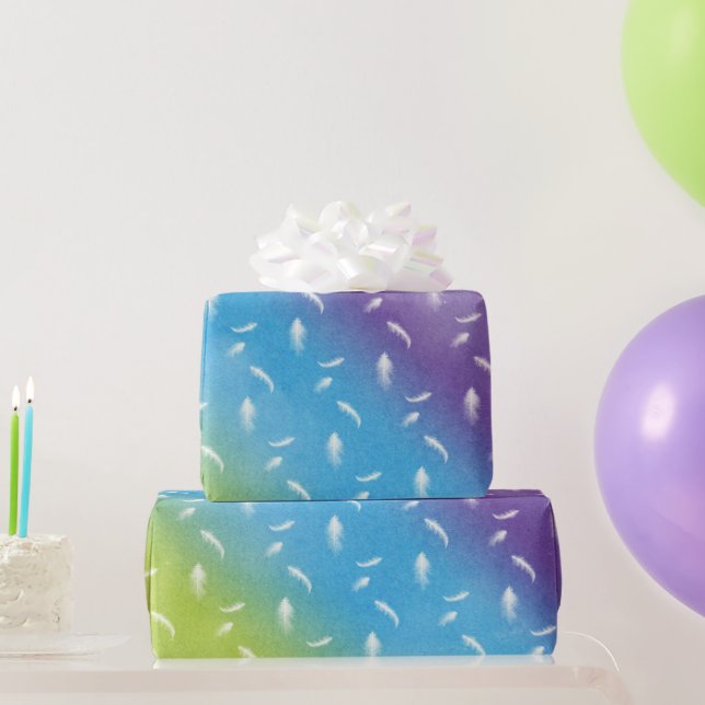 White Feathers On Rainbow Wrapping Paper (Party Gifts)