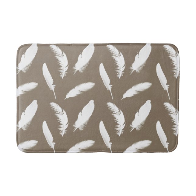 White Feathers on Taupe Tan Bath Mat (Front)