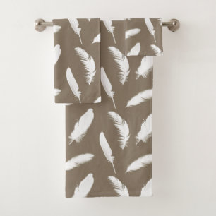 White Feathers on Taupe Tan Bath Towel Set