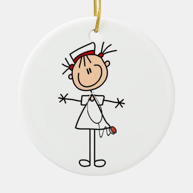 White Female Stick Figure Nurse 2 Ceramic Tree Decoration (Front)