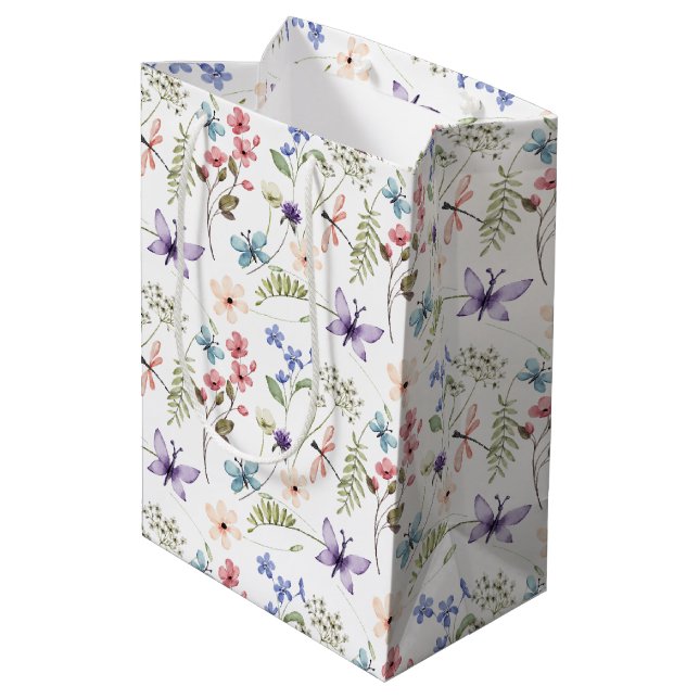 White Feminine Watercolor Wildflowers Pattern   Medium Gift Bag (Back Angled)