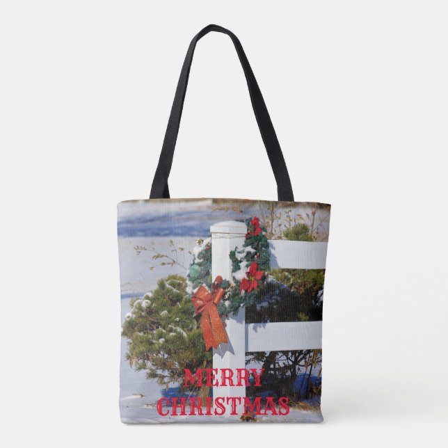 White Fence with Snow and a Red Bow Tote Bag (Back)
