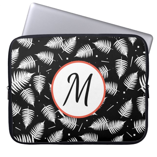 White Fern Leaves Monogram Computer Laptop Sleeve (Front)