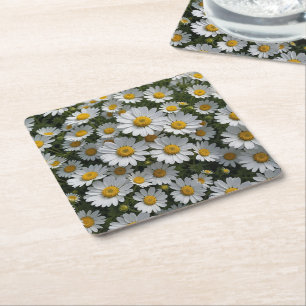 White Feverfew Flowers Square Paper Coaster