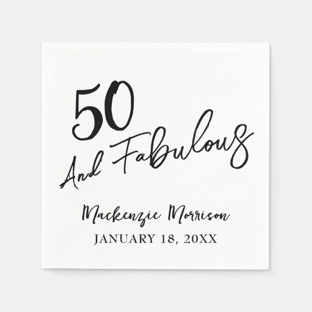 White Fifty and Fabulous Script Birthday Party Napkin (Front)