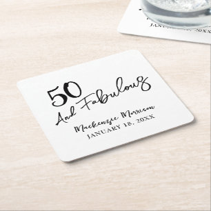White Fifty and Fabulous Script Birthday Party Square Paper Coaster