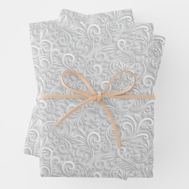 White Filigree Swirls Wrapping Paper Sheet (In situ)
