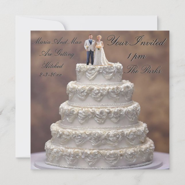 White Five Tier Wedding Cake With Bridal Couple, Invitation (Front)