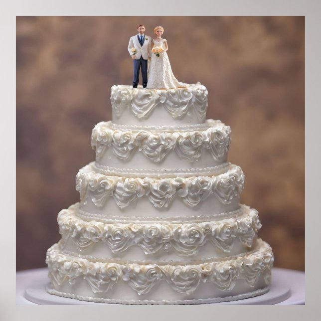 White Five Tier Wedding Cake With Bridal Couple, Poster (Front)