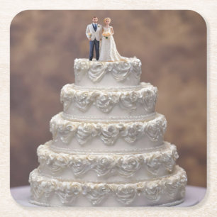 White Five Tier Wedding Cake With Bridal Couple, Square Paper Coaster