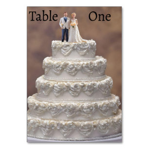 White Five Tier Wedding Cake With Bridal Couple, Table Number