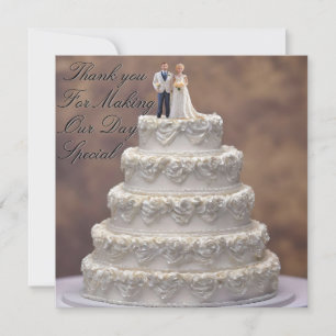 White Five Tier Wedding Cake With Bridal Couple, Thank You Card