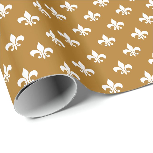 White Fleur-de-lis on Matte Gold Wrapping Paper (Roll Corner)