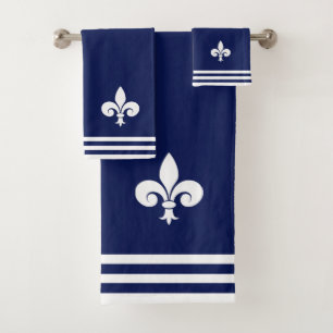 White Fleur-de-Lis & Stripes on Navy Blue Bath Towel Set