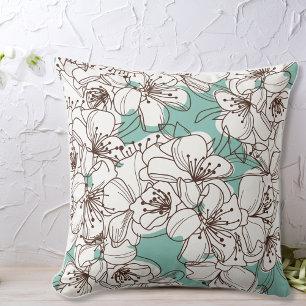 White Flora Bunch Aqua Teal Brown Cushion