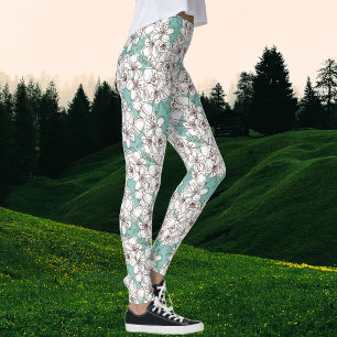 White Flora Bunch Aqua Teal Brown Leggings
