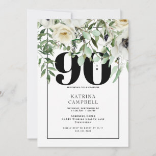 White Floral 90th Birthday Party Invitation