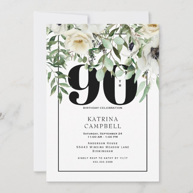 White Floral 90th Birthday Party Invitation (Front)