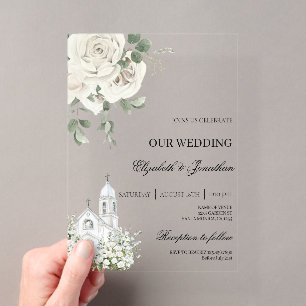White floral acrylic wedding with church invitations